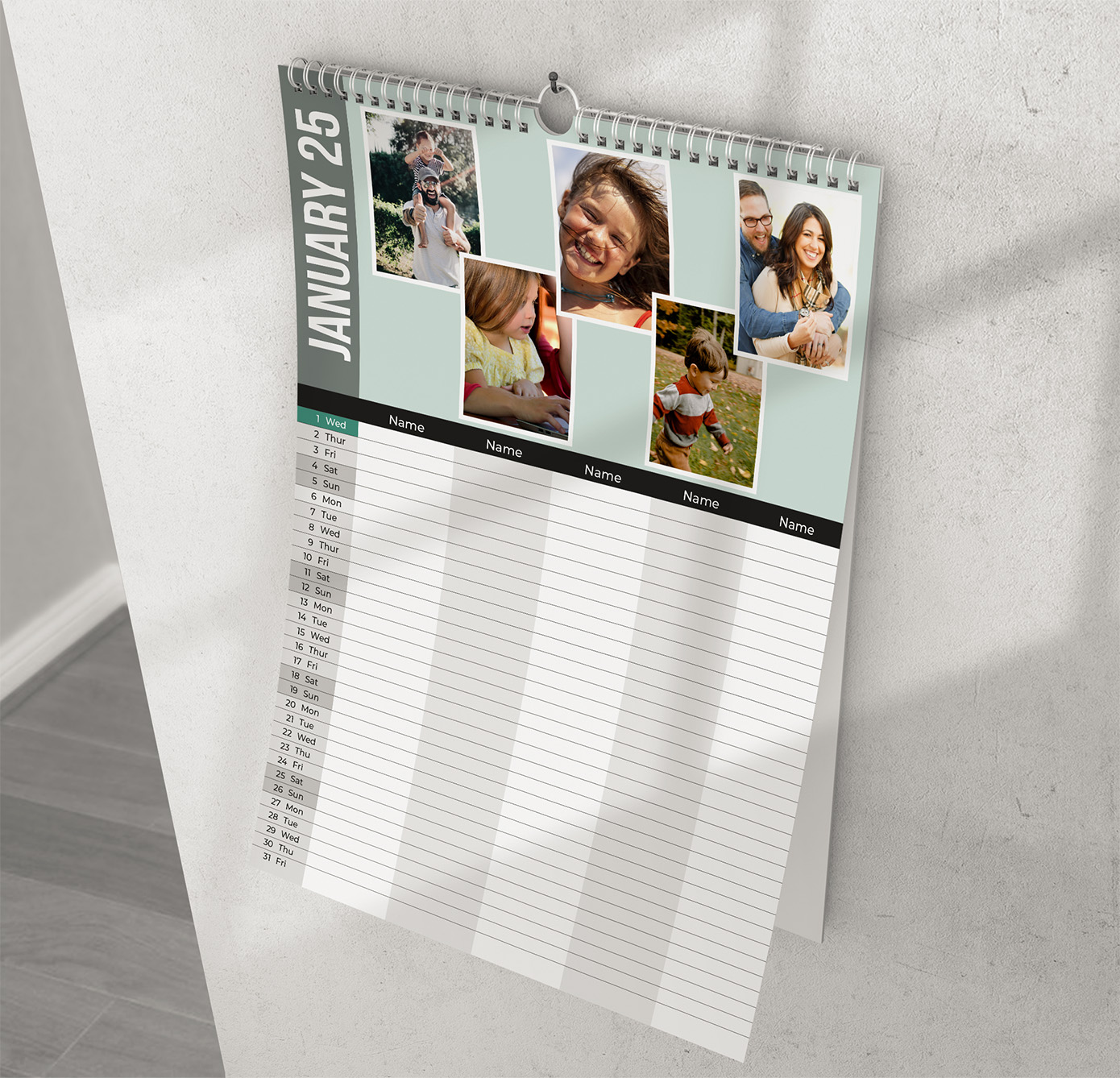 A3 Family Planner Calendar 2025 5 Column + 5 Pics Free to Personalise